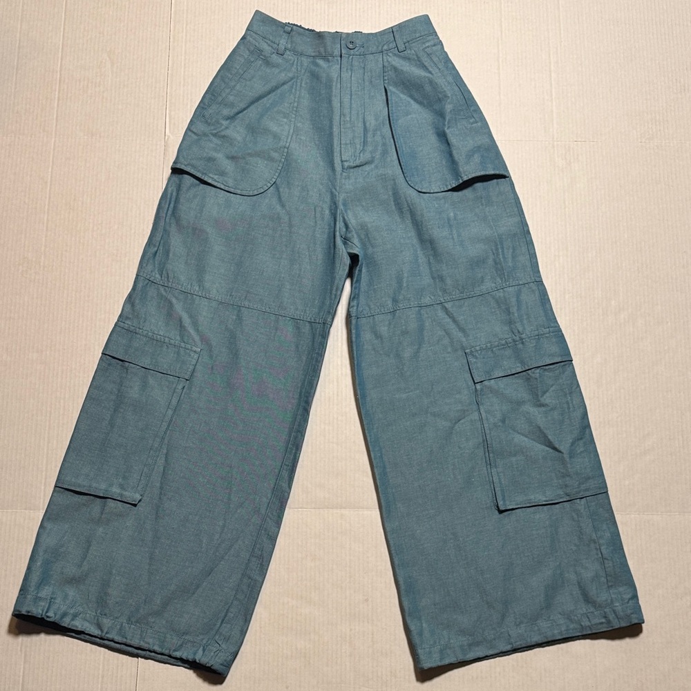 MOUSSY Out Pocket Bag Blue Cargo Pants Cotton Linen Elastic‎ Waist Stacking SZ 1 - Picture 2 of 16